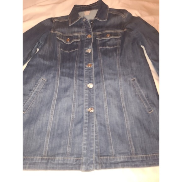 Chicos Long Denim Jacket Button Front Stretch Medium Women Size 1 - Picture 13 of 16